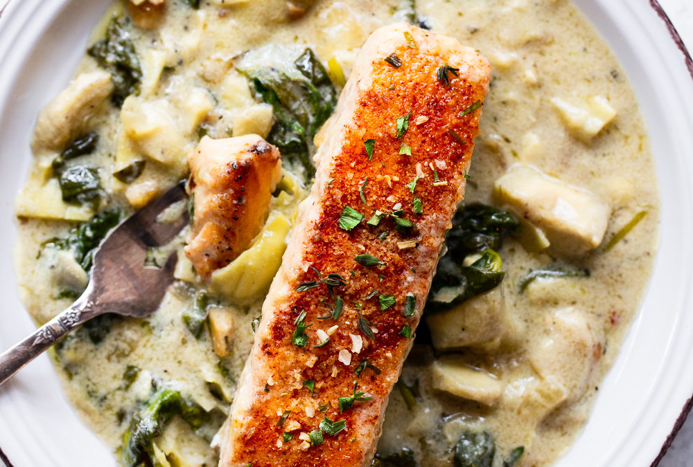 OneSkillet Salmon with Creamy Spinach Artichoke Sauce Integrative